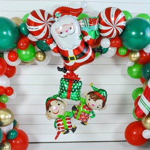 Santa and Elves Balloon | Friendsmas Party Decor, Be Merry Christmas Xmas, Holiday Balloons, Christmas Decorations, Xmas Birthday Backdrop