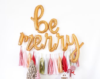 Be Merry Script Balloon Banner | Be Merry Christmas, Xmas Party Decor, Holiday Banner, Star Gold, Christmas Decorations, Tree Decor Gifts