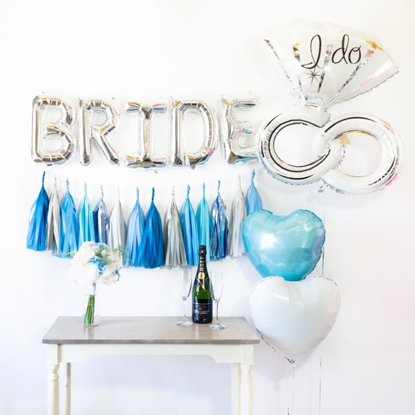 BRIDE BALLOON BANNER | 16" Rose Gold Silver Balloon Garland, Metallic, Blue Wedding, Bridal Shower, Bachelorette, Engaged, Married, Engage