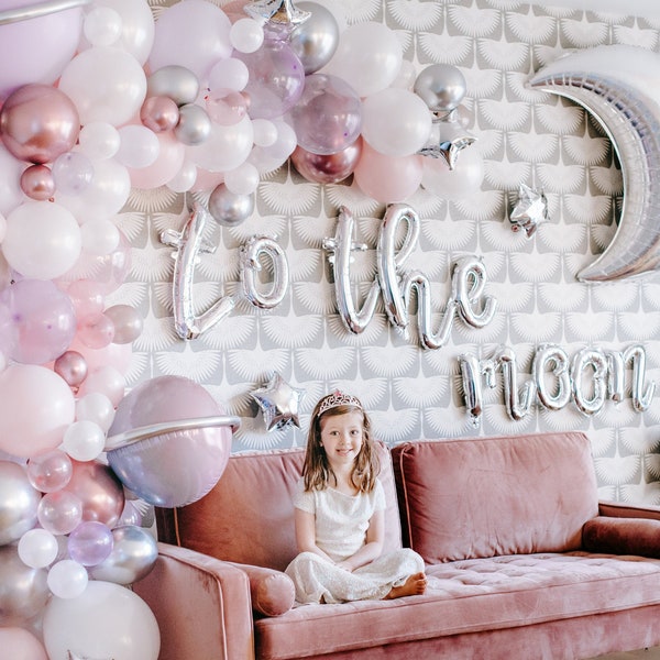 DIY Iridescent To the Moon Balloon Garland | Pink Galaxy Space Girl Birthday Party Decor Arch, Outer Space Birthday Backdrop, Infinity