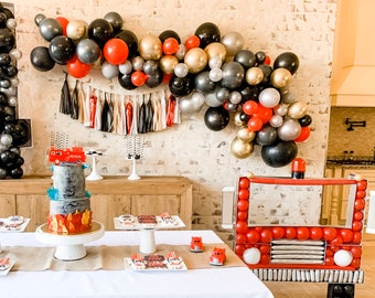 DIY Firetruck Balloon Garland | DIY Red Black Gray Balloon Arch, Firefighter Wife Party Decorations, Firetruck First Birthday Party Decor