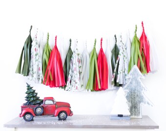 Red Truck Christmas Tree Tassels | Christmas Red Green Paper Tassel Garland, Friendsmas Christmas Party Decor, Be Merry, Happy Holidays