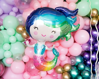 Rainbow Mermaid Balloon | Mermaid Party Decorations, Under the Sea Ocean Decor, Metallic Mermaid Party, Birthday, Cake Smash, Shellebrate