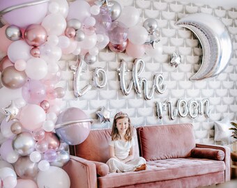 DIY Iridescent To the Moon Balloon Garland | Pink Galaxy Space Girl Birthday Party Decor Arch, Outer Space Birthday Backdrop, Infinity