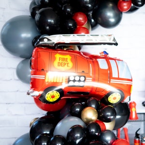 Firetruck Balloon | DIY Red Black Gray Balloon Arch, Firefighter Wife Party Decorations, Firetruck First Birthday Party Decor