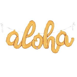 May include: Gold foil balloon letters spelling "Aloha" strung together with white string.