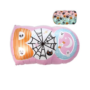 May include: Pink, orange, and blue foil balloon shaped like the word "BOO" with a spiderweb, ghosts, and candy corn designs.