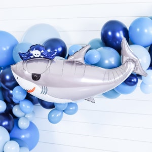 Pirate Shark Balloon | Shark Decor, Shark Birthday Party, Under the sea, Ocean Pool Shark, Blue gray, Birthday, Shark Cake Smash, Fintastic