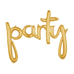 May include: Gold foil balloon letters spelling out the word "party".