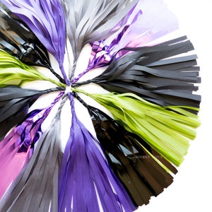 May include: A set of tissue paper tassels in black, purple, green, and pink. The tassels are tied together in the center and fanned out to create a decorative circle.