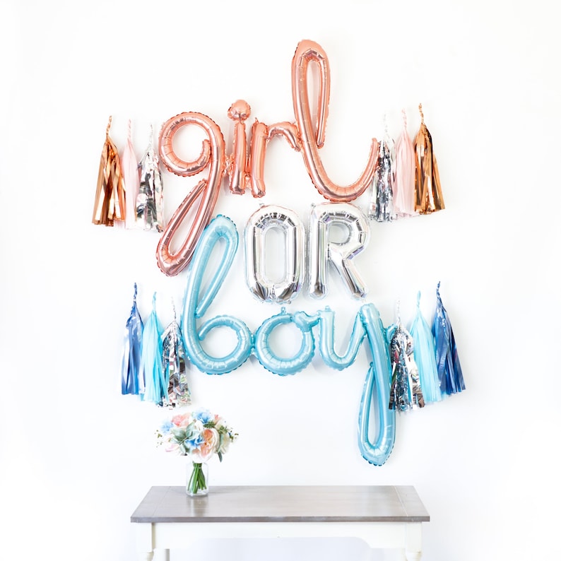 Girl or Boy Banner Rose Gold Blue Balloon Garland, Gender Reveal, Baby Shower Metallic, Pregnancy Gender Announcement image 1