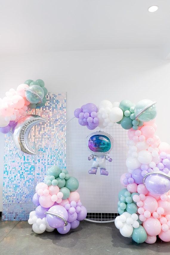 DIY Pastel Iridescent Balloon Garland Pink Galaxy Space to the Moon Girl  Birthday Party Decor Arch, Outer Space Birthday Backdrop 
