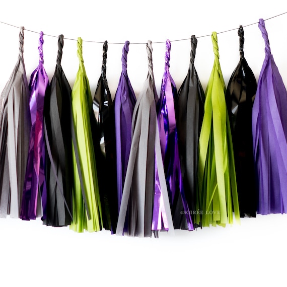 ZOMBIE ALIEN | Green Purple Paper Tassel Garland, Alien, Spooky Halloween Party Decor, Boo, Trick or Treat, Haunted House Decor, Monster