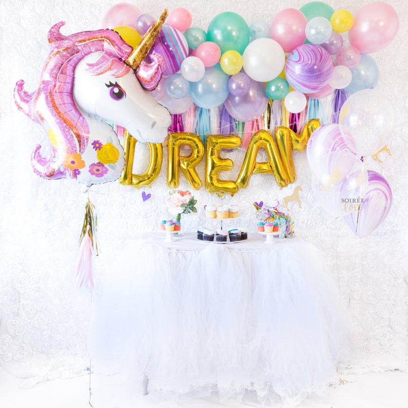 UNICORN DREAMS Balloon Party Box Unicorn Paper Tassels, Unicorn Birthday Party Decor, Balloon Arch, Magical Party, Unicorn Photo Backdrop image 1