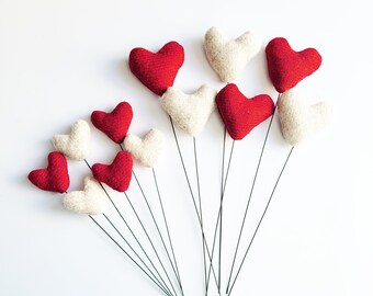 A Dozen Red & Cream Harris Tweed Heart Flower Posy Stems - Valentine's Day Gift - Faux Flowers - Posies - Lewisian Nice