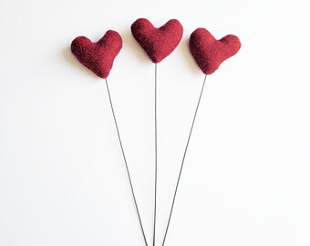 Harris Tweed Heart Flower Stems Bundle of 3 Dark Maroon Red, Larger Size of Heart, Lewisian Nice