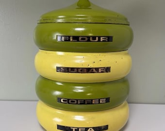Vintage MCM Pagoda Beehive Canister Set Enamel Metal Flour Sugar Green Retro