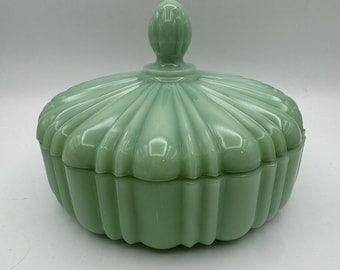 Vtg Fire King Anchor Hocking Jadeite Jadite Covered Candy Dish Green Glass Read