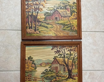 Lotto di 2 quadri vintage incorniciati "Dipingi con i numeri" raffiguranti un fienile e un mulino, dimensioni 45,7 x 35,6 cm.