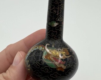 Antike chinesische Cloisonné Mini-Vase 2,5 ""Schwarze Drachenflasche"