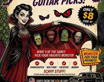 4 CLASSIC MONSTER guitar picks, Custom Guitar Pick, Custom Guitar Picks, Personalized Guitar Pick