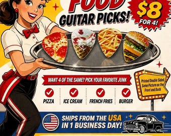 4 JUNK FOOD guitar picks, Custom Guitar Pick, Custom Guitar Picks, Personalized Guitar Pick