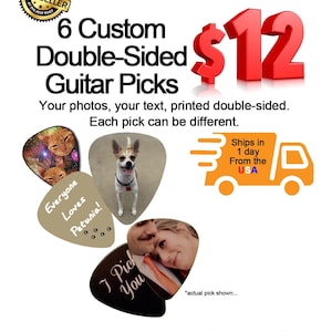 May include: Six custom double-sided guitar picks featuring various printed designs including a cat in space, a dog, a beige pick with the text Everyone Loves Petunia!, and a black pick with a photo of a couple and the text I Pick You.