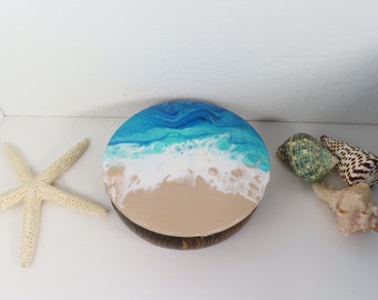 Beach Decor Small Round Painted Jewelry Box, Circle Blue and Brown Wood Trinket Box