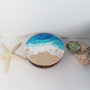 Beach Decor Small Round Painted Jewelry Box, Circle Blue and Brown Wood Trinket Box