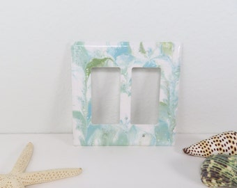 Abstract Painted Double Rocker Light Switch Cover: Teal Mint Swirls