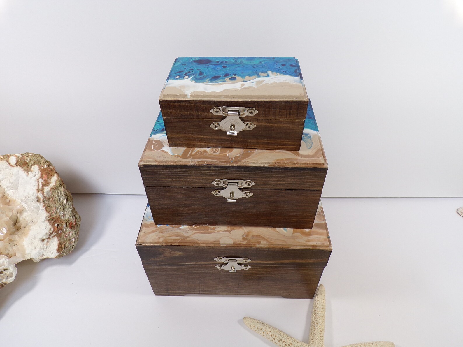 Wood Painted Beach Jewelry Box Set of Three Painted Abstract Etsy