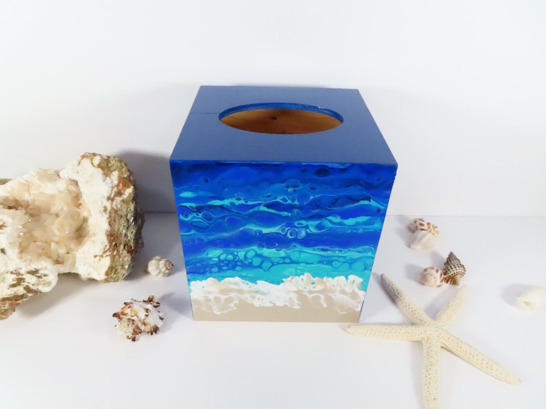Beach Wood Tissue Box Holder Painted Fluid Acrylics, Abstract Painted Coastal Scene, Nautical