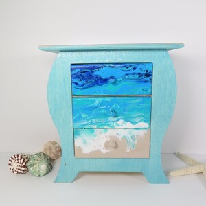 beach theme dresser Small Tabletop Dresser, Abstract Scene, Beach House Decor Teal Coastal Jewelry Box Dresses