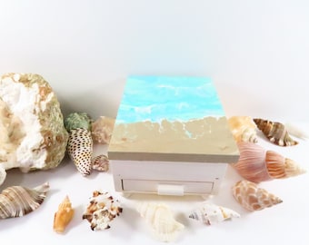 Abstract Beach Wood Jewelry Box With Mirror and Drawer, Hand Painted Coastal Decor