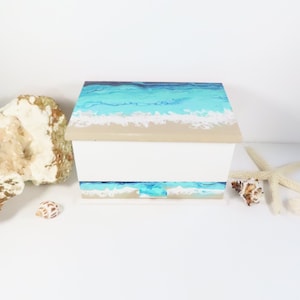 Abstract Beach Jewelry Box With Mirror and Drawer, Rustic Coastal Decor