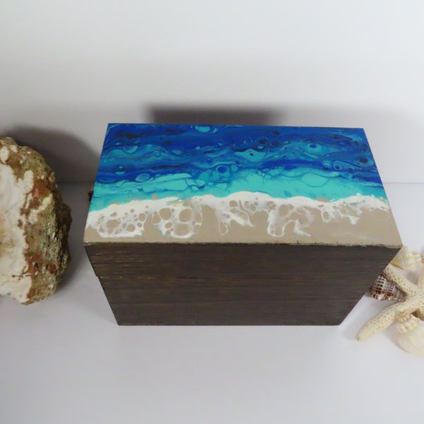 Handpainted Wood Recipe Box With Abstract Ocean On Top