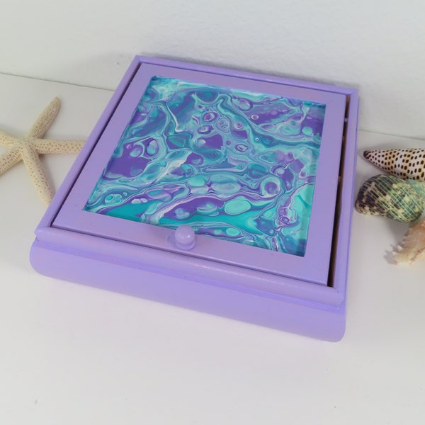 Handpainted Wood Jewelry Box With Mirror, Abstract Purple, Teal and Turquoise