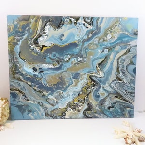 May include: Abstract acrylic painting on canvas with a fluid art design. The artwork features a blend of blues, grays, and gold, creating a marbled effect. The painting is a square format, suitable for wall decor.