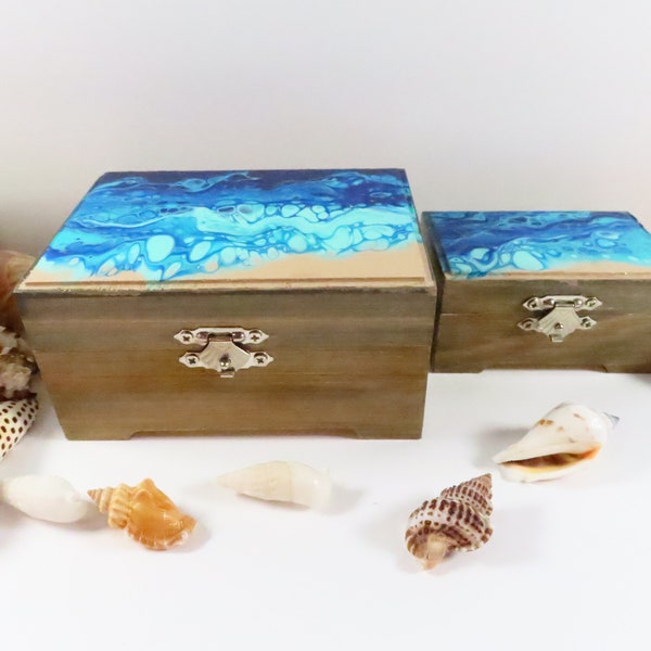 Wood Painted Beach Jewelry Box Set of Two, Handpainted Abstract Coastal Decor Box With Lid and Latch