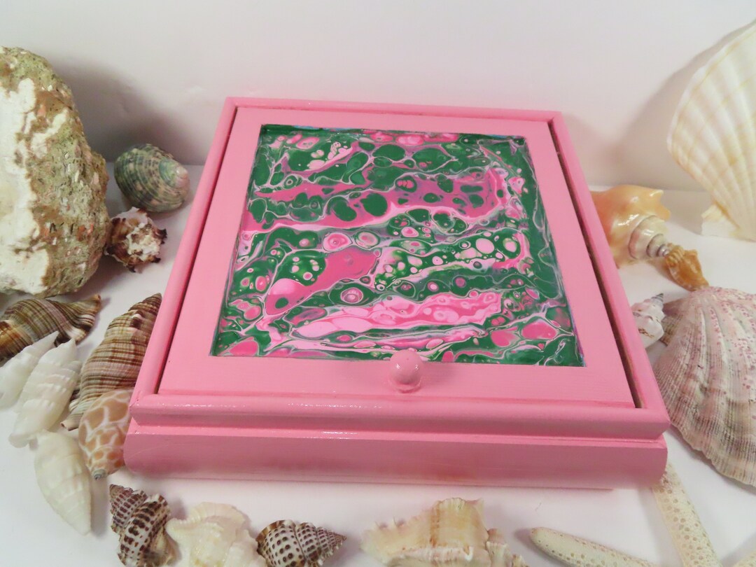 Painted Wood Jewelry Box With Mirror Abstract Pink and Green Etsy
