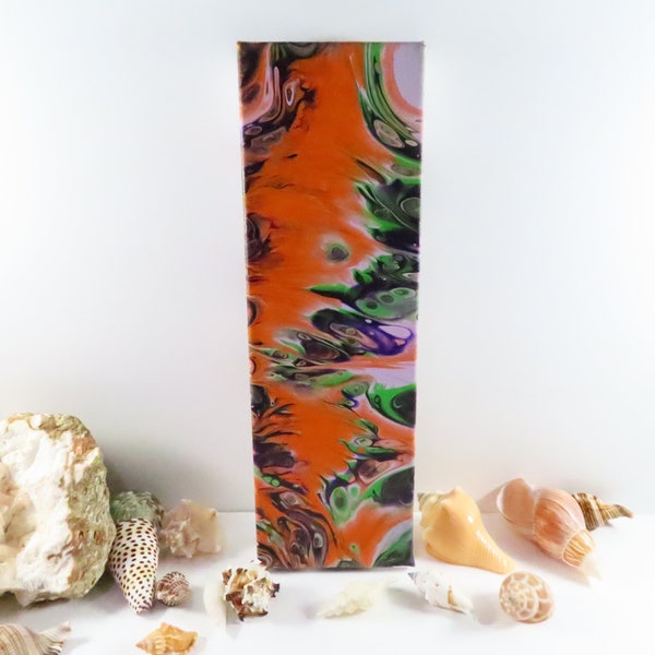 Original Abstract Long Canvas Modern Art, Small Acrylic Pour Painting, Orange, Purple, Green and Black Fluid Acrylic