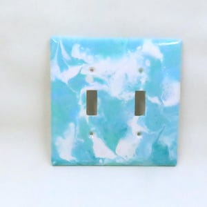 Handpainted double lightswitch cover teal, light blue and white switchplate for two switches