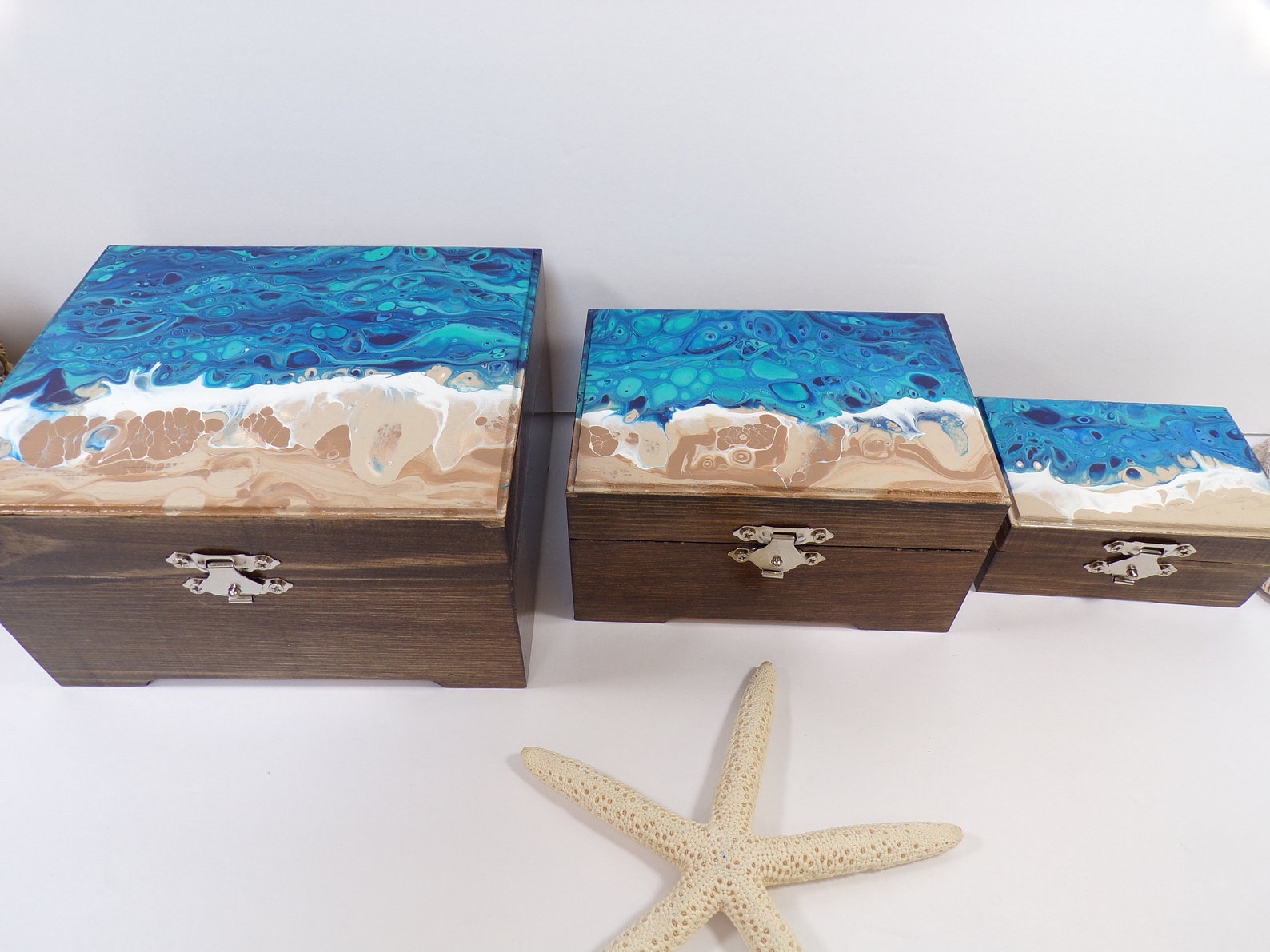 Wood Painted Beach Jewelry Box Set of Three Painted Abstract Etsy