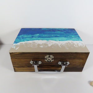 Abstract Beach Painted Medium Wood Box With Handle and Latch