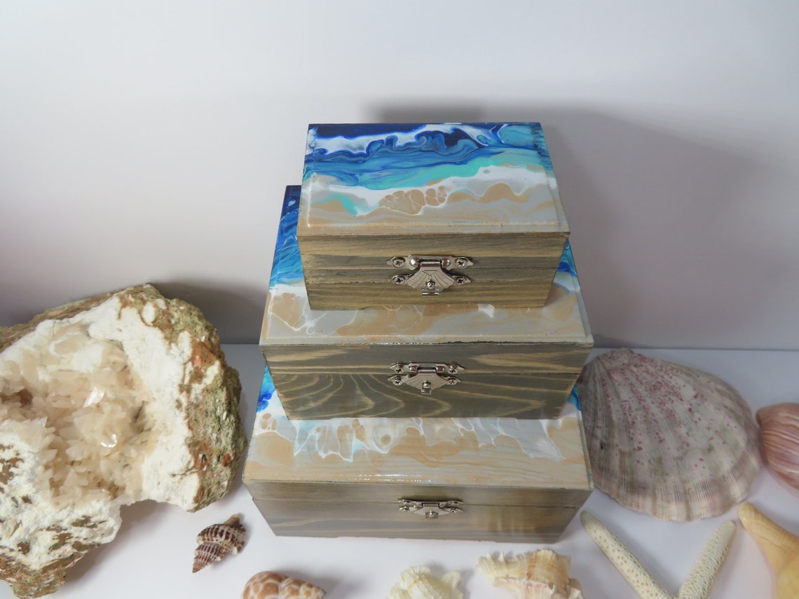 Wood Painted Beach Jewelry Box Set of Three Handpainted Etsy