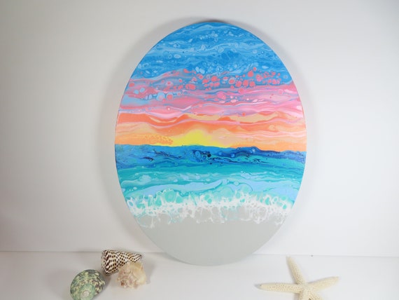 Oval Sunset Beachscape Original Abstract Acrylic Painting on Canvas, 11x14  Inch Oval Shaped Canvas Oceanscape 