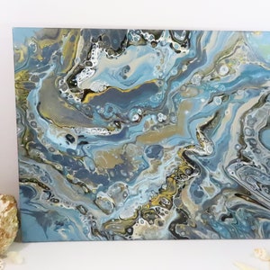 May include: Abstract acrylic pour painting on canvas. The artwork features a fluid design with shades of blue, gray, gold, and white. The colors blend and swirl, creating a marbled effect. The painting is a square format.