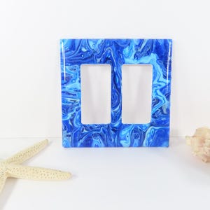 Painted Double Light Switch Cover Blue Abstract Rocker Style Switches, Two Switch GFI Switchcover