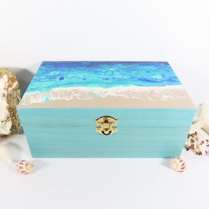 Abstract Beach Painted Wood Jewelry Box, Coastal Decor, Functional Art