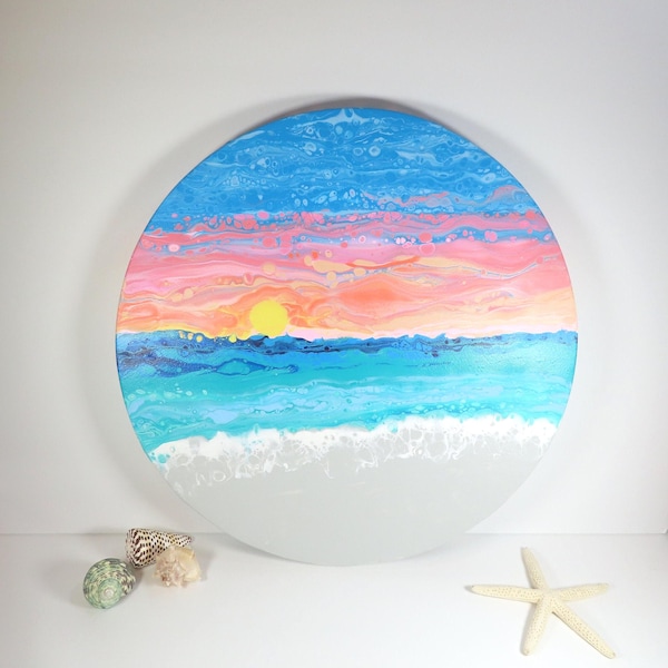 Original Round Abstract Sunset Over The Ocean Painting, 16 Inch Circle Canvas Beachscape